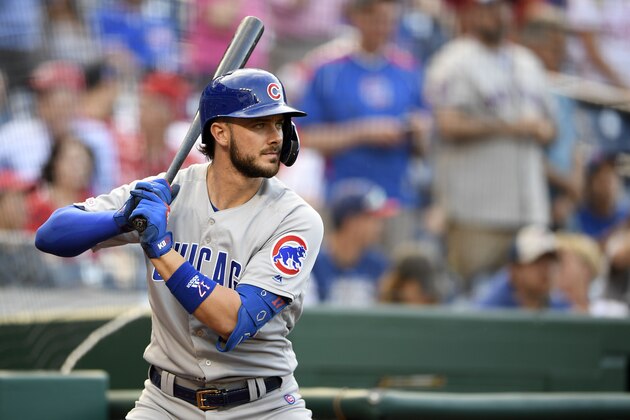 Chicago Cubs' Kris Bryant warms up before a baseball game against the Washington Nationals, Friday, May 17, 2019, in Washington. (AP Photo/Nick Wass)