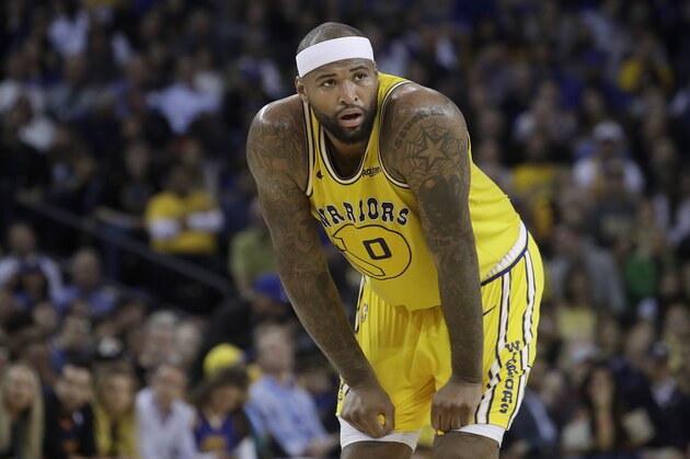 Golden State Warriors center DeMarcus Cousins against the Denver Nuggets during an NBA basketball game in Oakland, Calif., Tuesday, April 2, 2019. (AP Photo/Jeff Chiu)