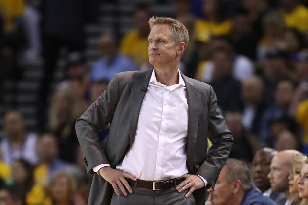OAKLAND, CALIFORNIA - MAY 16: Steve Kerr of the Golden State Warriors looks on in game two of the NBA Western Conference Finals against the Portland Trail Blazers at ORACLE Arena on May 16, 2019 in Oakland, California. NOTE TO USER: User expressly acknowledges and agrees that, by downloading and or using this photograph, User is consenting to the terms and conditions of the Getty Images License Agreement. (Photo by Ezra Shaw/Getty Images)