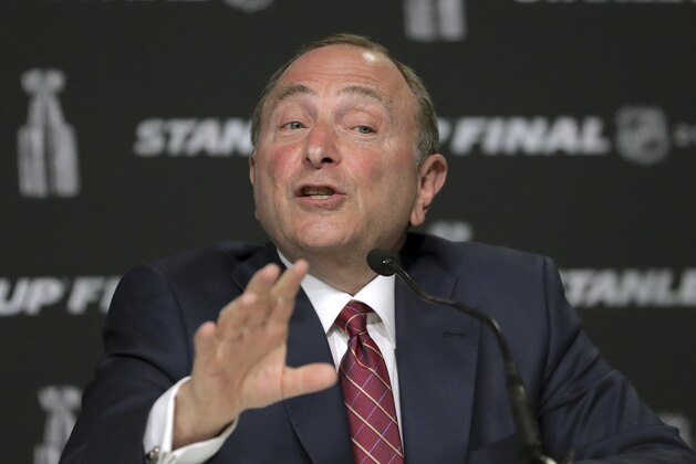 NHL Commissioner Gary Bettman speaks to the media before Game 1 of the NHL hockey Stanley Cup Final between the St. Louis Blues and the Boston Bruins, Monday, May 27, 2019, in Boston. (AP Photo/Charles Krupa)