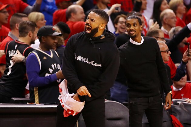 TORONTO, ONTARIO - MAY 25: Rapper Drake reacts during game six of the NBA Eastern Conference Finals between the Milwaukee Bucks and the Toronto Raptors at Scotiabank Arena on May 25, 2019 in Toronto, Canada. NOTE TO USER: User expressly acknowledges and agrees that, by downloading and or using this photograph, User is consenting to the terms and conditions of the Getty Images License Agreement. (Photo by Gregory Shamus/Getty Images)