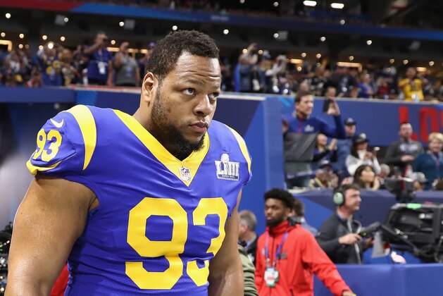 ATLANTA, GA - FEBRUARY 03:  Ndamukong Suh #93 of the Los Angeles Rams enters the field during warmups prior to Super Bowl LIII against the New England Patriots at Mercedes-Benz Stadium on February 3, 2019 in Atlanta, Georgia.  (Photo by Jamie Squire/Getty Images)