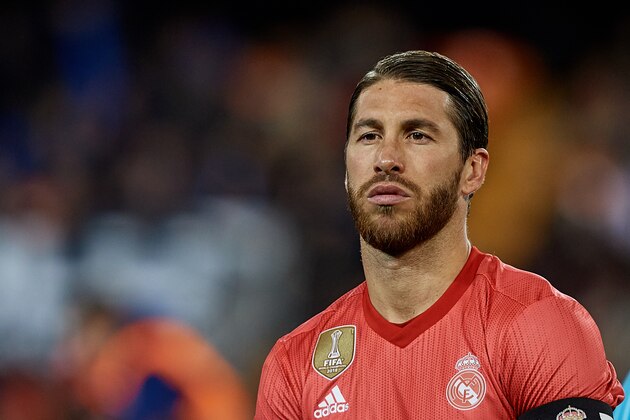 VALENCIA, SPAIN - APRIL 03: Sergio Ramos of Real Madrid CF looks on prior to the La Liga match between Valencia CF and Real Madrid CF at Estadio Mestalla on April 3, 2019 in Valencia, Spain. (Photo by David Aliaga/MB Media/Getty Images)