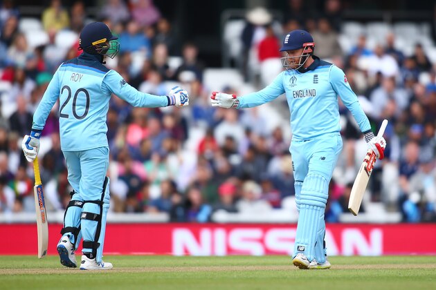 LONDON, ENGLAND - MAY 27: Jonny Bairstow and Jason Roy of England come together in the middle during the ICC Cricket World Cup 2019 Warm Up match between England and Afghanistan at The Kia Oval on May 27, 2019 in London, England. (Photo by Jordan Mansfield/Getty Images)