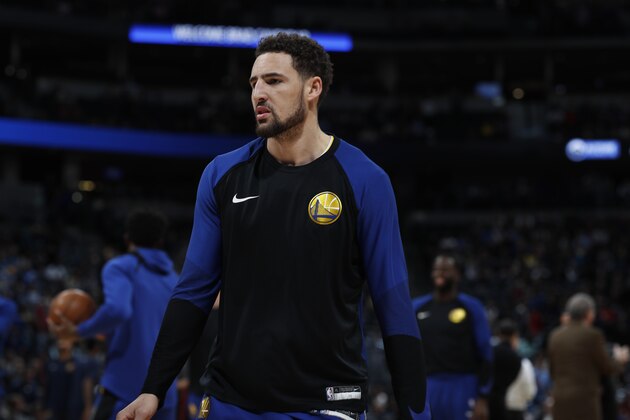 Golden State Warriors guard Klay Thompson (11) in the first half of an NBA basketball game Tuesday, Jan. 15, 2019, in Denver. (AP Photo/David Zalubowski)