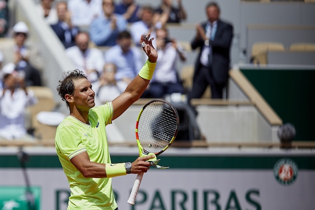 PARIS, FRANCE - MAY 27: Rafael Nadal of Spain acknowledges the fans after winning in his mens singles first round match against Yannick Hanfmann of Germany during Day two of the 2019 French Open at Roland Garros on May 27, 2019 in Paris, France. (Photo by Quality Sport Images/Getty Images)