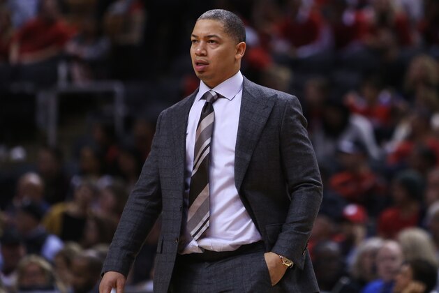 TORONTO, ON - OCTOBER 17:  Head Coach Tyronn Lue of the Cleveland Cavaliers looks on in the second half of the NBA season opener against the Toronto Raptors at Scotiabank Arena on October 17, 2018 in Toronto, Canada.  NOTE TO USER: User expressly acknowledges and agrees that, by downloading and or using this photograph, User is consenting to the terms and conditions of the Getty Images License Agreement.  (Photo by Vaughn Ridley/Getty Images)
