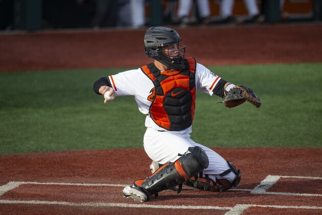 Adley Rutschman catches for Oregon State against Washington State Oregon State Washington during an NCAA baseball game on Friday, April 26, 2019 in Corvallis, Ore. (AP Photo/Chris Pietsch)