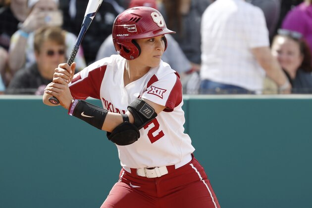 Oklahoma third baseman Sydney Romero #2 during an NCAA softball game on Friday, Feb.15, 2019 in Clearwater, Fla. (AP Photo/Casey Brooke Lawson)