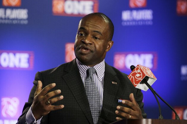 FILE - In this Jan. 29, 2015, file photo, NFL Players Association Executive Director DeMaurice Smith speaks during a news conference for NFL Super Bowl XLIX football game, in Phoenix. DeMaurice Smith has been re-elected as executive director of the players' union in a special committee vote. The 14-0 vote took place Tuesday night, Sept. 19, 2017.(AP Photo/David J. Phillip, File)