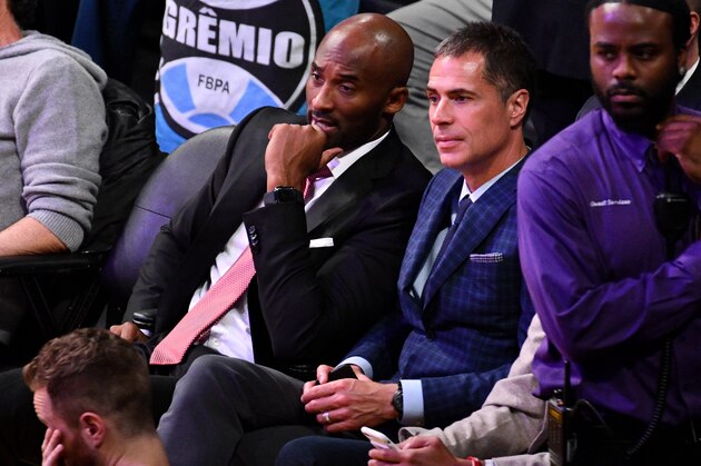 LOS ANGELES, CA - OCTOBER 25:  Former Laker Kobe Bryant and Lakers GM Rob Pelinka attend a basketball game between the Los Angeles Lakers and the Denver Nuggets at Staples Center on October 25, 2018 in Los Angeles, California.  (Photo by Allen Berezovsky/Getty Images)