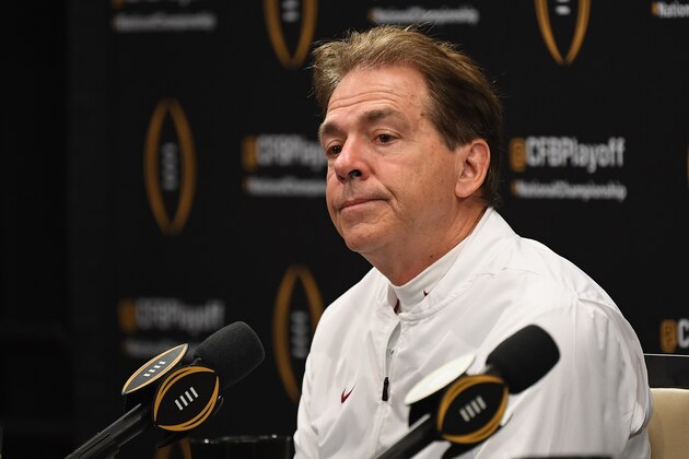 SANTA CLARA, CA - JANUARY 07:  Head coach Nick Saban of the Alabama Crimson Tide reacts during the press conference after his teams 44-16 loss to the Clemson Tigers in the CFP National Championship presented by AT&T at Levi's Stadium on January 7, 2019 in Santa Clara, California.  (Photo by Thearon W. Henderson/Getty Images)
