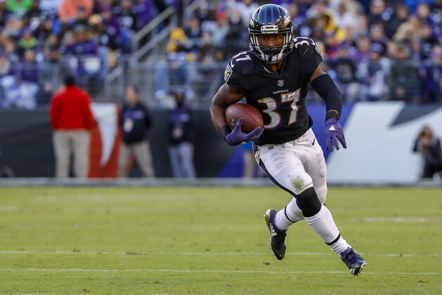 BALTIMORE, MD - NOVEMBER 04: Javorius Allen #37 of the Baltimore Ravens runs with the ball during the fourth quarter against the Pittsburgh Steelers at M&T Bank Stadium on November 4, 2018 in Baltimore, Maryland. (Photo by Scott Taetsch/Getty Images)