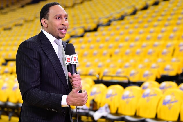 OAKLAND, CA - MAY 8:  NBA Analyst Stephen A. Smith makes an anouncment before Game Five of the Western Conference Semifinals of the 2019 NBA Playoffs between the Houston Rockets and Golden State Warriors on May 8, 2019 at ORACLE Arena in Oakland, California. NOTE TO USER: User expressly acknowledges and agrees that, by downloading and/or using this photograph, user is consenting to the terms and conditions of Getty Images License Agreement. Mandatory Copyright Notice: Copyright 2019 NBAE (Photo by Noah Graham/NBAE via Getty Images)