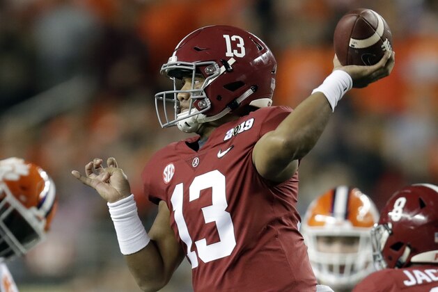 Alabama's Tua Tagovailoa throws during the first half the NCAA college football playoff championship game against Clemson, Monday, Jan. 7, 2019, in Santa Clara, Calif. (AP Photo/Ben Margot)