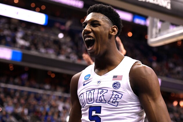 WASHINGTON, DC - MARCH 31: RJ Barrett #5 of the Duke Blue Devils reacts in the second half against the Michigan State Spartans during the 2019 NCAA Men's Basketball Tournament East Regional Final at Capital One Arena on March 31, 2019 in Washington, DC. (Photo by Lance King/Getty Images)