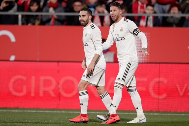 GIRONA, SPAIN - JANUARY 31: (L-R) Dani Carvajal of Real Madrid, Sergio Ramos of Real Madrid celebrate goal during the Spanish Copa del Rey  match between Girona v Real Madrid at the Estadi Municipal Montilivi on January 31, 2019 in Girona Spain (Photo by Jeroen Meuwsen/Soccrates/Getty Images)