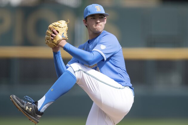 UCLA pitcher Jack Ralston delivers a pitch during an NCAA college baseball game against Sacramento State, Sunday, March 3, 2019, in Los Angeles. (AP Photo/Kyusung Gong)