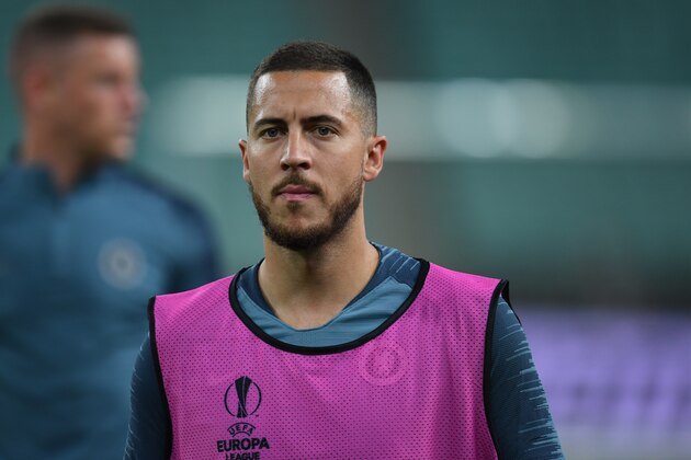 BAKU, AZERBAIJAN - MAY 28: Eden Hazard of Chelsea looks on during the training session of Chelsea prior to  the UEFA Europa League Final between Chelsea and Arsenal at Baku Olimpiya Stadionu on May 28, 2019 in Baku, Azerbaijan. (Photo by Etsuo Hara/Getty Images)