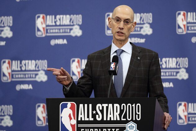 NBA Commissioner Adam Silver speaks during the NBA All-Star festivities, Saturday, Feb. 16, 2019, in Charlotte, N.C. The 68th All-Star game will be played Sunday. (AP Photo/Gerry Broome)