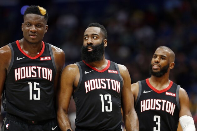 Houston Rockets center Clint Capela (15) Houston Rockets guard James Harden (13) and Houston Rockets guard Chris Paul (3) during the second half of an NBA basketball game in New Orleans, Sunday, March 24, 2019. The Rockets won 113-90. (AP Photo/Tyler Kaufman)