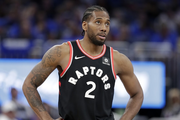 Toronto Raptors' Kawhi Leonard walks to the free throw line after he was fouled during the second half in Game 4 of a first-round NBA basketball playoff series against the Orlando Magic, Sunday, April 21, 2019, in Orlando, Fla. (AP Photo/John Raoux)