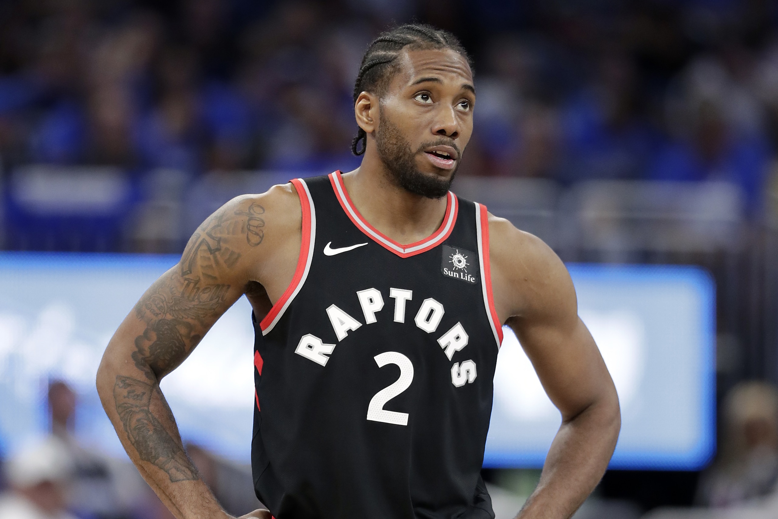 Toronto Raptors' Kawhi Leonard walks to the free throw line after he was fouled during the second half in Game 4 of a first-round NBA basketball playoff series against the Orlando Magic, Sunday, April 21, 2019, in Orlando, Fla. (AP Photo/John Raoux)