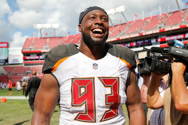 TAMPA, FL - SEPTEMBER 16:  Gerald McCoy #93 of the Tampa Bay Buccaneers reacts after they defeated the Philadelphia Eagles 27-21 at Raymond James Stadium on September 16, 2018 in Tampa, Florida.  (Photo by Michael Reaves/Getty Images)