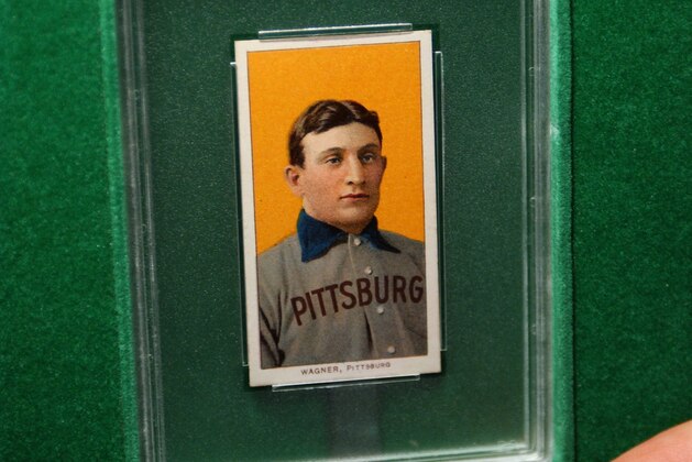 A 1909 Honus Wagner baseball card, which sold in 2000 for more than $1 million, is seen on display at a sports memorabilia show at the Atlantic City Convention Center in Atlantic City, N.J., Wednesday, July 23, 2003.  ProSports Authority, a card grading company, will be showing the prized card beginning Thursday.  (AP Photo/Mary Godleski)