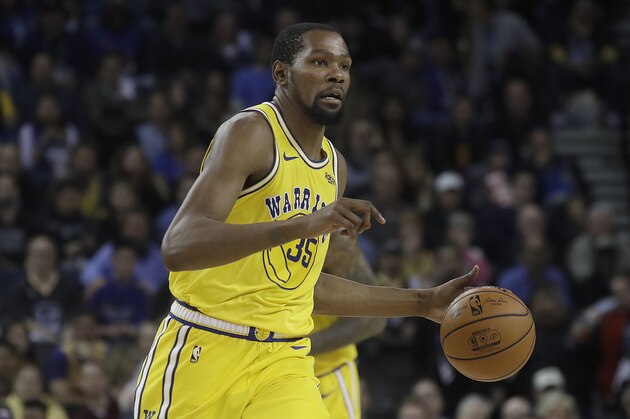 Golden State Warriors forward Kevin Durant (35) against the Denver Nuggets during an NBA basketball game in Oakland, Calif., Tuesday, April 2, 2019. (AP Photo/Jeff Chiu)