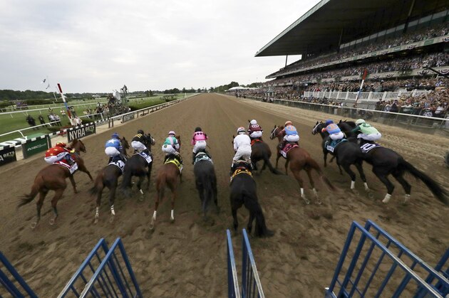 Horses break from the starting gate at the 150th running of the Belmont Stakes horse race, Saturday, June 9, 2018, in Elmont, N.Y. Justify won the race and Triple Crown. (AP Photo/Julio Cortez)