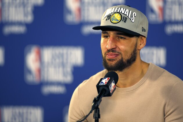 PORTLAND, OR - MAY 20: Klay Thompson #11 of the Golden State Warriors speaks to the media after Game Four of the Western Conference Finals against the Portland Trail Blazers on May 20, 2019 at the Moda Center in Portland, Oregon. NOTE TO USER: User expressly acknowledges and agrees that, by downloading and/or using this photograph, user is consenting to the terms and conditions of the Getty Images License Agreement. Mandatory Copyright Notice: Copyright 2019 NBAE (Photo by Cameron Browne/NBAE via Getty Images)