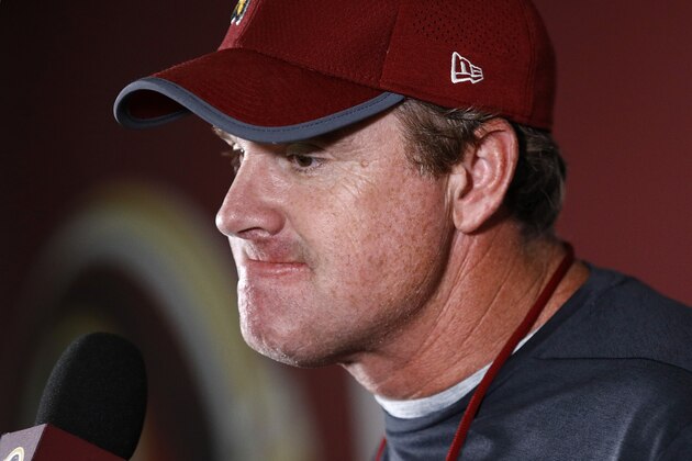 Washington Redskins head coach Jay Gruden speaks at a news conference after a practice at the team's NFL football practice facility, Monday, May 20, 2019, in Ashburn, Va. (AP Photo/Patrick Semansky)