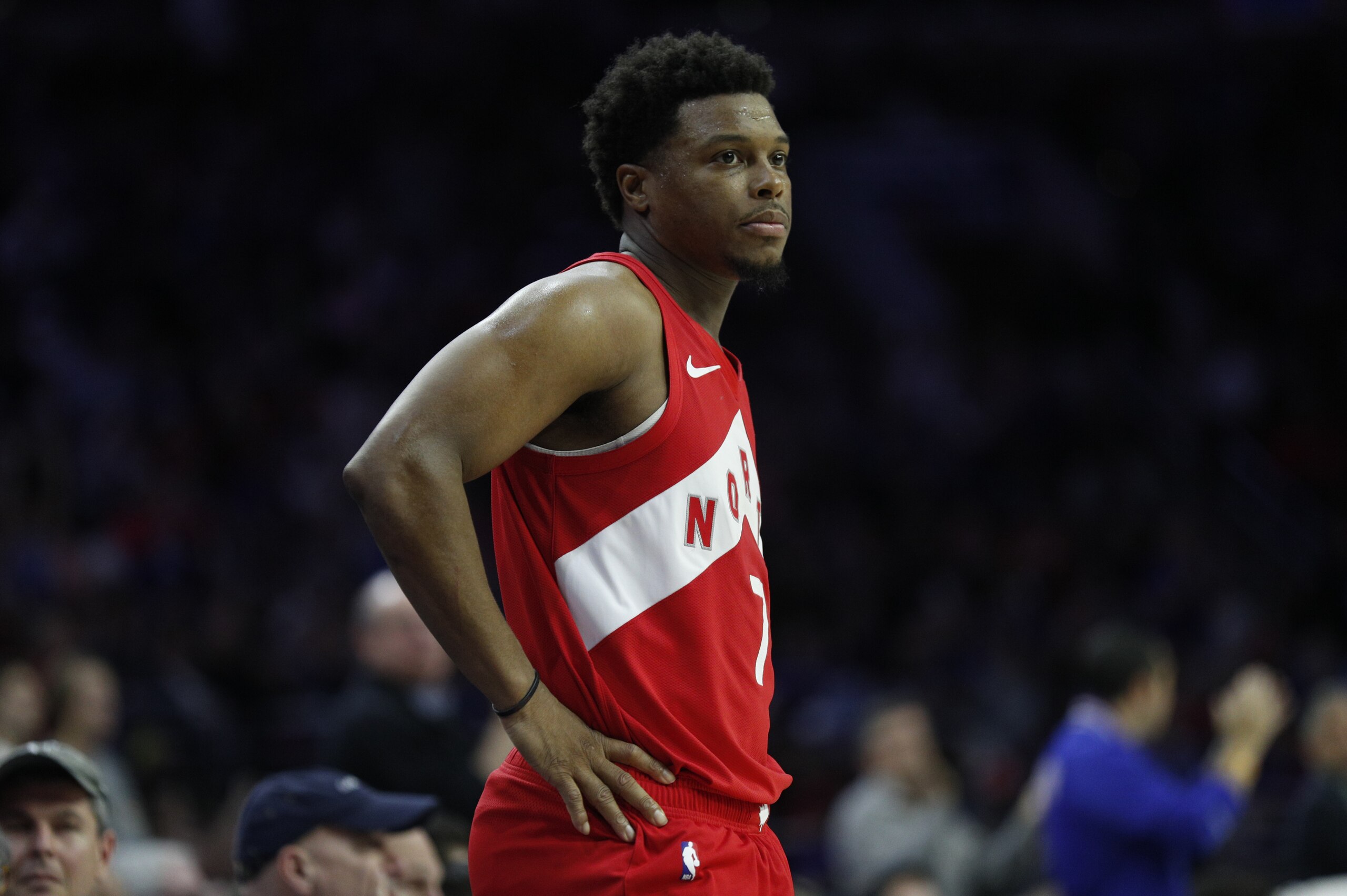 Toronto Raptors' Kyle Lowry looks on during the second half of Game 6 of a second-round NBA basketball playoff series against the Philadelphia 76ers, Thursday, May 9, 2019, in Philadelphia. 76ers won 112-101. (AP Photo/Chris Szagola)