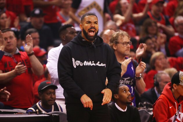 TORONTO, ONTARIO - MAY 25: Rapper Drake attends game six of the NBA Eastern Conference Finals between the Milwaukee Bucks and the Toronto Raptors at Scotiabank Arena on May 25, 2019 in Toronto, Canada. NOTE TO USER: User expressly acknowledges and agrees that, by downloading and or using this photograph, User is consenting to the terms and conditions of the Getty Images License Agreement. (Photo by Gregory Shamus/Getty Images)