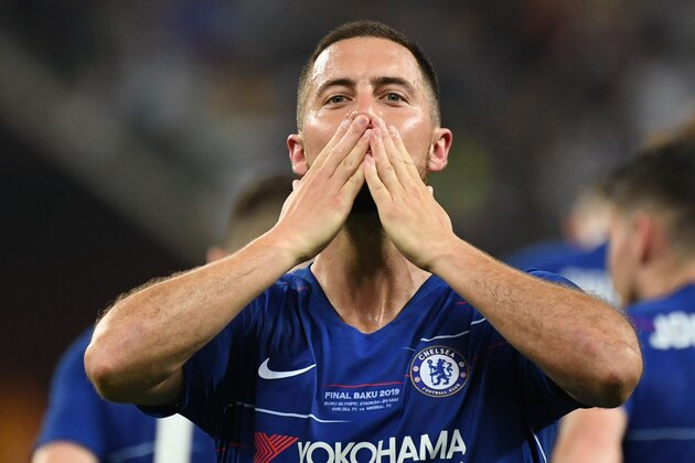 Chelsea's Belgian midfielder Eden Hazard  celebrates after celebrates after scoring a goal during the UEFA Europa League final football match between Chelsea FC and Arsenal FC at the Baku Olympic Stadium in Baku, Azerbaijian, on May 29, 2019. (Photo by OZAN KOSE / AFP)        (Photo credit should read OZAN KOSE/AFP/Getty Images)