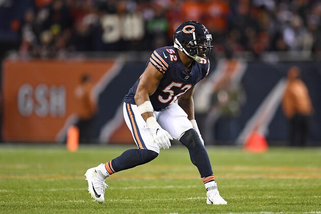 CHICAGO, ILLINOIS - JANUARY 06: Khalil Mack #52 of the Chicago Bears anticipates a play against the Philadelphia Eagles during the NFC Wild Card Playoff game at Soldier Field on January 06, 2019 in Chicago, Illinois.  The Eagles defeated the Bears 16-15. (Photo by Stacy Revere/Getty Images)