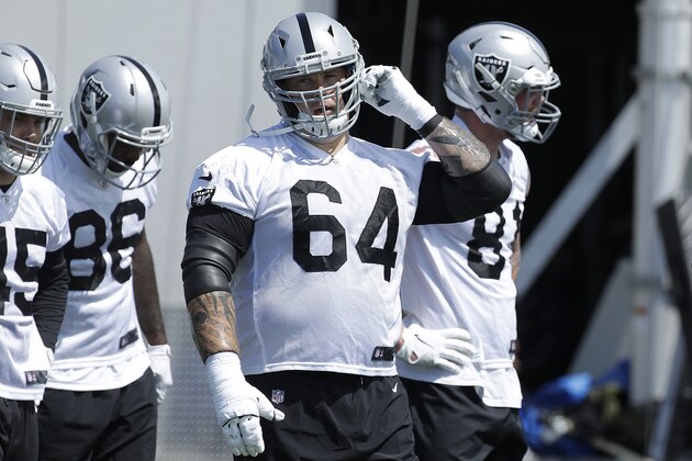 Oakland Raiders guard Richie Incognito (64) warms up during an official team activity at the NFL football team's headquarters in Alameda, Calif., Tuesday, May 28, 2019. (AP Photo/Jeff Chiu)