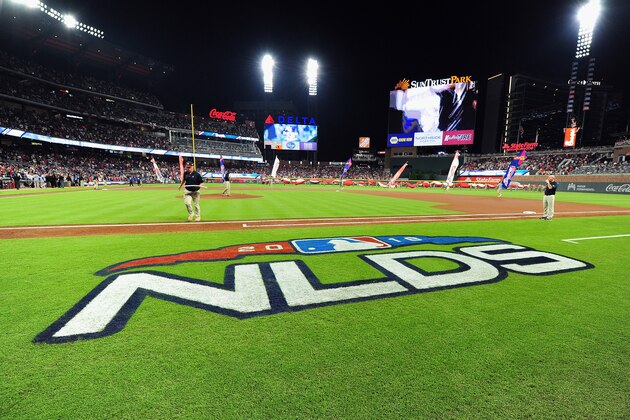 ATLANTA, GA - OCTOBER 07:  A detail of a NLDS logo before Game Three of the National League Division Series between the Los Angeles Dodgers and the Atlanta Braves at SunTrust Park on October 7, 2018 in Atlanta, Georgia.  (Photo by Scott Cunningham/Getty Images)