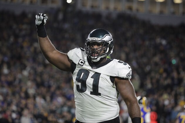 Philadelphia Eagles' Fletcher Cox reacts to a play during an NFL football game against the Los Angeles Rams Sunday, Dec. 16, 2018, in Los Angeles . (AP Photo/Jae C. Hong)