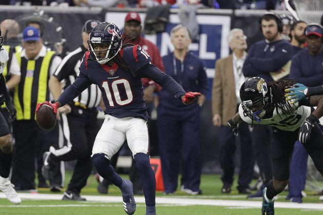 Houston Texans wide receiver DeAndre Hopkins (10) runs after making a catch during the second half of an NFL football game against the Jacksonville Jaguars, Sunday, Dec. 30, 2018, in Houston. (AP Photo/David J. Phillip)