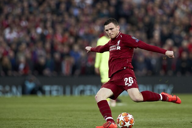 LIVERPOOL, ENGLAND - MAY 07: Andy Robertson of Liverpool FC shot on goal during the UEFA Champions League Semi Final second leg match between Liverpool and Barcelona at Anfield on May 07, 2019 in Liverpool, England. (Photo by Quality Sport Images/Getty Images)