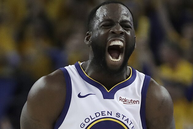 Golden State Warriors' Draymond Green celebrates a score against the Houston Rockets during the second half of Game 5 of a second-round NBA basketball playoff series Wednesday, May 8, 2019, in Oakland, Calif. (AP Photo/Ben Margot)