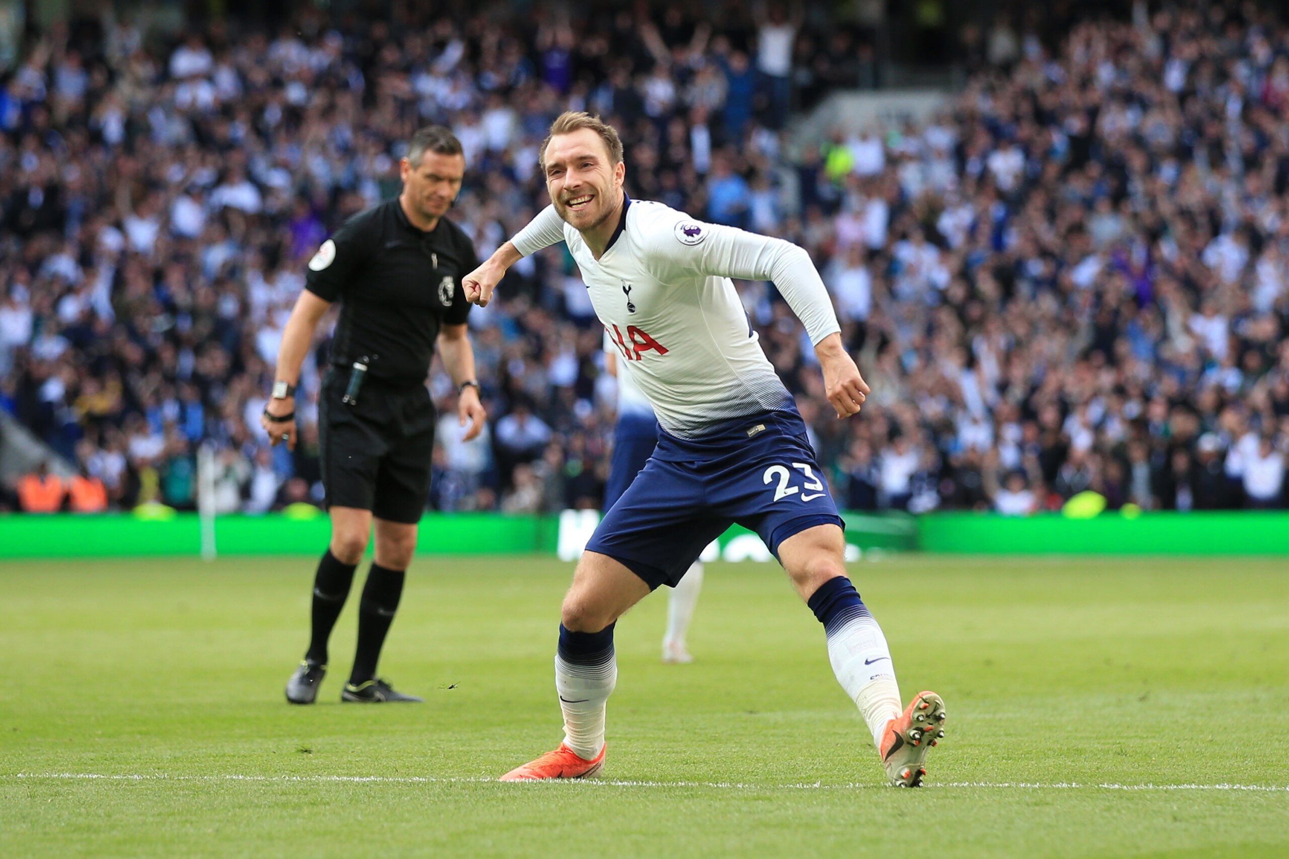 LONDON, ENGLAND - MAY 12: Christian Eriksen of Tottenham Hotspur celebrates after scoring his team's second goal during the Premier League match between Tottenham Hotspur and Everton FC at Tottenham Hotspur Stadium on May 12, 2019 in London, United Kingdom. (Photo by Marc Atkins/Getty Images)