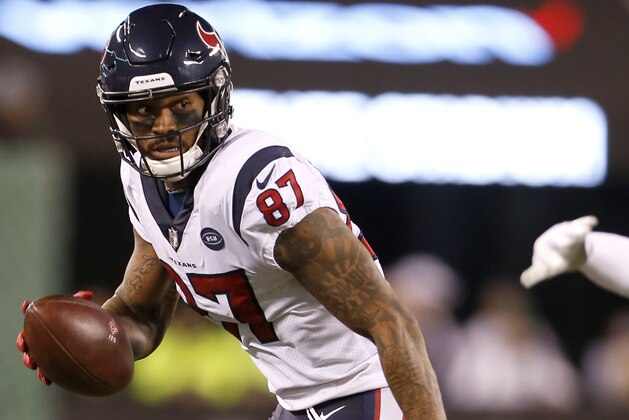 Houston Texans wide receiver Demaryius Thomas runs after making a catch against the New York Jets during the second half of an NFL football game, Saturday, Dec. 15, 2018, in East Rutherford, N.J. (AP Photo/Adam Hunger)