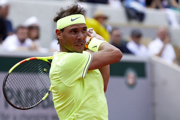 PARIS, FRANCE - MAY 29: Rafael Nadal of Spain returns a shot in his mens singles second round match against Yannick Maden of Germany during Day four of the 2019 French Open at Roland Garros on May 29, 2019 in Paris, France (Photo by Quality Sport Images/Getty Images)