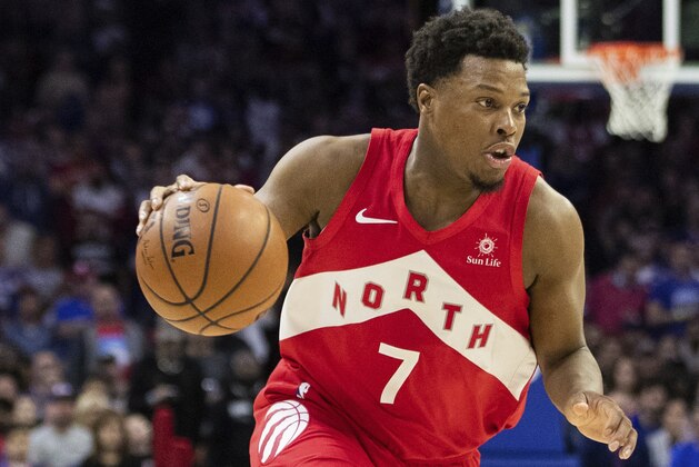 Toronto Raptors' Kyle Lowry in action during the second half of Game 4 of a second-round NBA basketball playoff series against the Philadelphia 76ers, Sunday, May 5, 2019, in Philadelphia. Raptors won 101-96. (AP Photo/Chris Szagola)