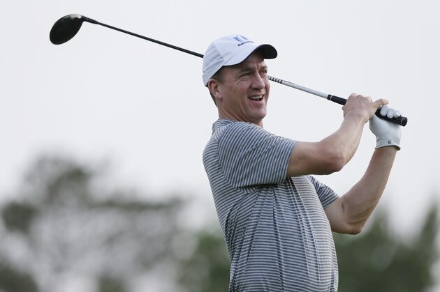 Former NFL player Peyton Manning plays in the pro-am round of the Memorial golf tournament Wednesday, May 29, 2019, in Dublin, Ohio. (Jay LaPrete/AP Images for NFL)