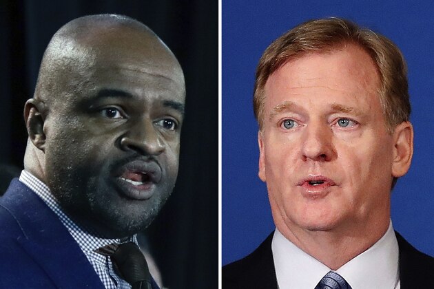 FILE - From left are 2018 file photos showing Pro Football Hall of Fame President David Baker, NFLPA Executive Director DeMaurice Smith and NFL Commissioner Roger Goodell. A group of Pro Football Hall of Famers is demanding health insurance coverage and a share of NFL revenues or else those former players will boycott the induction ceremonies. In a letter sent to NFL Commissioner Roger Goodell, NFLPA Executive Director DeMaurice Smith and Hall of Fame President David Baker — and obtained by The Associated Press — 21 Hall of Fame members cited themselves as
