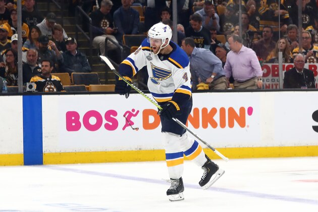 BOSTON, MASSACHUSETTS - MAY 29:  Carl Gunnarsson #4 of the St. Louis Blues celebrates his game-winning goal during the first overtime period to defeat the Boston Bruins 3-2 in Game Two of the 2019 NHL Stanley Cup Final at TD Garden on May 29, 2019 in Boston, Massachusetts. (Photo by Adam Glanzman/Getty Images)